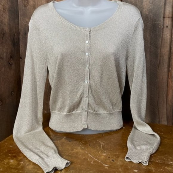 DKNY Tan/Gold Shimmer Cardigan - Size Medium - Picture 2 of 11